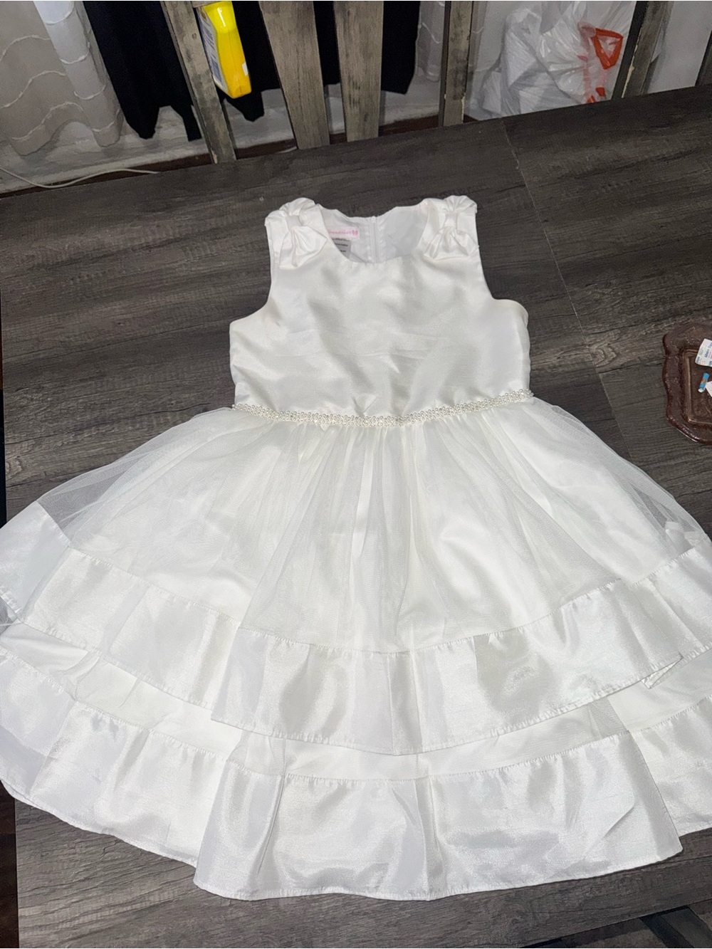 White Satin & Tulle Party Dress for Girls with Pearl Waist